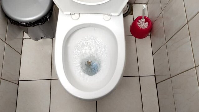 Water is not flushed in the toilet clogged with feces and water
