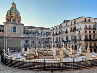 The Praetorian Fountain on the Piazza Pretoria in the heart of the city of Palermo in Sicily. The...