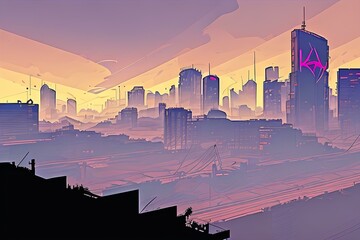 futuristic city in the sunset