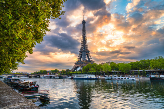 Eiffel Tower at sunrise in Paris, France