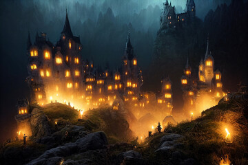 Fairytale mysterious old castle city dramatic lighting hyperrealistic digital illustration.