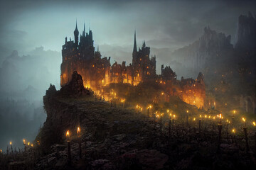 Fairytale mysterious old castle city dramatic lighting hyperrealistic digital illustration.