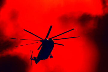Night fighting Russian military helicopter. Illustration of thermal image. Terrible military...