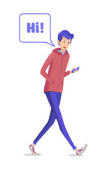 Young man walking to say Hi, guy student holding phone in hand, boy meeting friends
