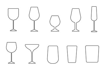 Wine and cognac glasses set, a collection of isolated icons, outline icon on a white background. Vector illustration.