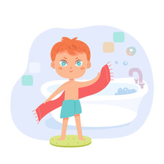Kid drying body with towel after bath, cute baby boy standing near bathtub in bathroom