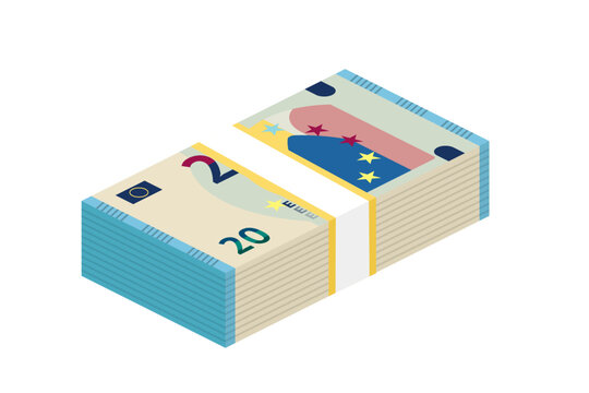 Isometric stack of Euro paper cash money, bundle of banknotes and pack of 20 Euros