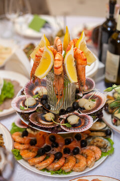Served table with seafood in a restaurant