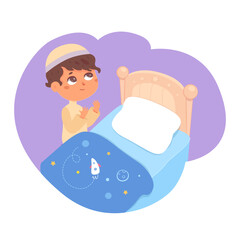 Child praying in bedtime vector illustration. Cartoon cute boy kneeling beside bed, little religious kid holding hands up to pray at before sleeping, meditation of young prayer character in bedroom