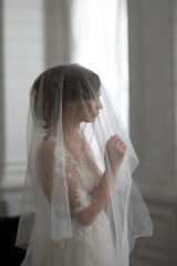 Woman bride in a wedding dress with a beautiful hairstyle covered with a veil