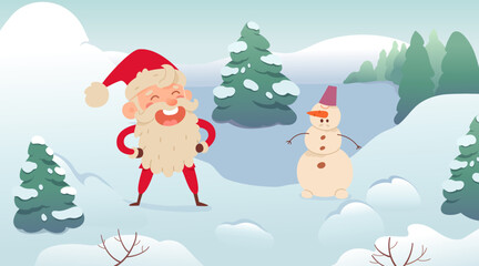 Santa Claus and snowman characters standing together vector illustration. Cartoon funny cute grandfather with beard, red hat and suit laughing and greeting, winter happy friends in winter forest