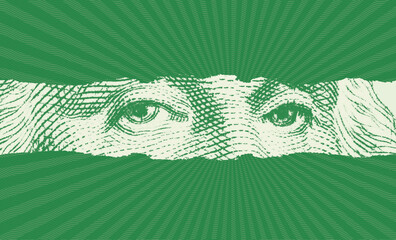 george washington eyes through green money paper tear 