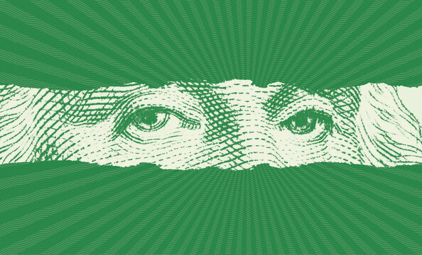 george washington eyes through green money paper tear	
