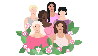 group of women, vector illustration of women of different ethnicities standing side by side, white background, diversity concept, International Women's Day