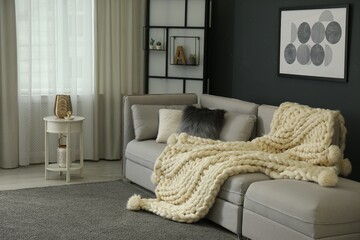Comfortable sofa with knitted plaid in living room. Interior design