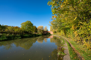 Fototapeta na wymiar Old red brick bridge at the canal in autumn season. Grand Canal in Milton Keynes. England