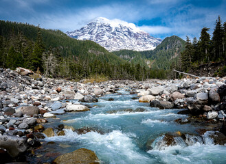 Snow-capped Mount Rainier and the Nisqually River