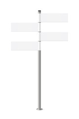 3d road pointer with signs on metal pole vector illustration. Realistic isolated street signboard with four empty white left and right plates to point direction, information about ways to destination