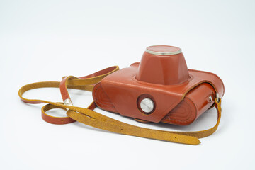 Old analog camera vintage orange and brown leather case