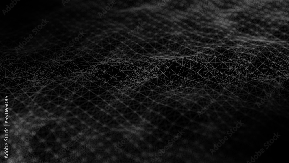 Poster Wave of digital particles on a black background. Abstract interlacing lines and points. Digital connection of elements. Simulation of the movement of small particles. 3D rendering.