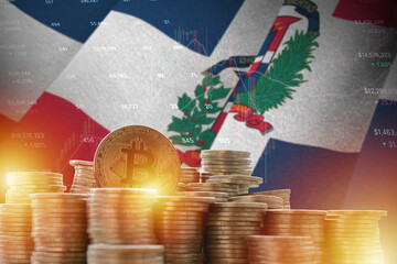 Dominican Republic flag and big amount of golden bitcoin coins and trading platform chart. Crypto currency concept