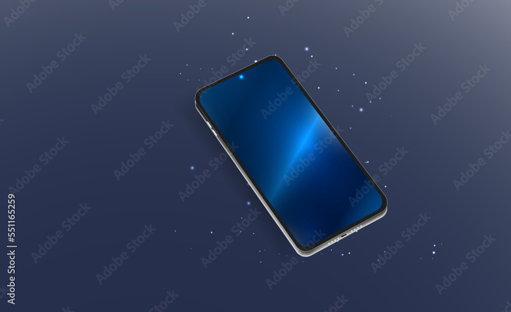 Poster the smartphone stands on a smooth dark blue surface or table in perspective. realistic vector illust