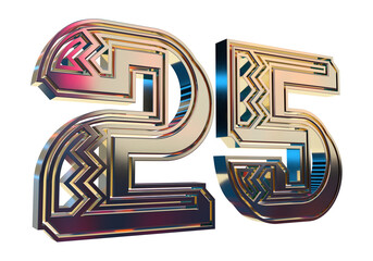Isolated Logo of Alphabet 25, Silver Jubilee Anniversary. Gold Metallic 3D Render Illustration.
