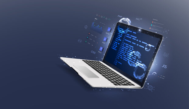 Software, web development, programming concept. Abstract programming language and program code on a laptop screen. Web development, coding, and programming. Vector illustration.