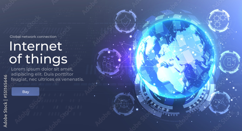 Poster vector. planet earth from space. flickering lights of cities. map of the mainland. global communicat