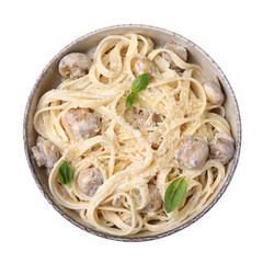 Delicious pasta with mushrooms and cheese on white background, top view