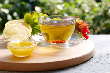 Cup of delicious tea with lemon, honey and viburnum on light grey table outdoors