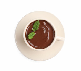 Cup of delicious hot chocolate with mint on white background, top view
