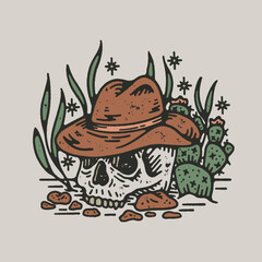 Vintage Western Desert Country Cowboy Skull with Cactus, Stars and Hat