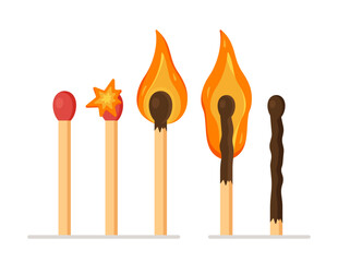 Vector illustration of match. Matches, incendiary matches and burned matches. Spark of fire. Lighting matches for the right cause. Matches are not a toy!