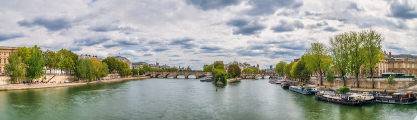 Panorama of Paris Seine river and Pont Neuf. France