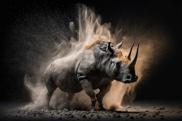 rhino in the wild exploding sand - obrazy, fototapety, plakaty