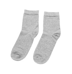Pair of light grey socks isolated on white, top view