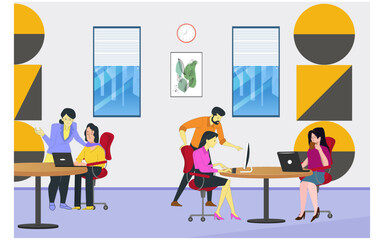 Female staff working on the computer in the modern business office. Flat vector illustration.