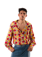 Young man in stylish colorful 60's outfit on white