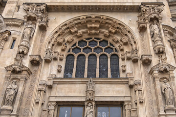 Architectural fragments of Paris Saint-Eustache church (Eglise Saint Eustache, 1532 - 1637). Saint-Eustache church located in Les Halles area of Paris. UNESCO World Heritage Site. Paris, France.