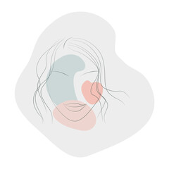 Line art female portrait silhouette in modern abstract style with abstract spots