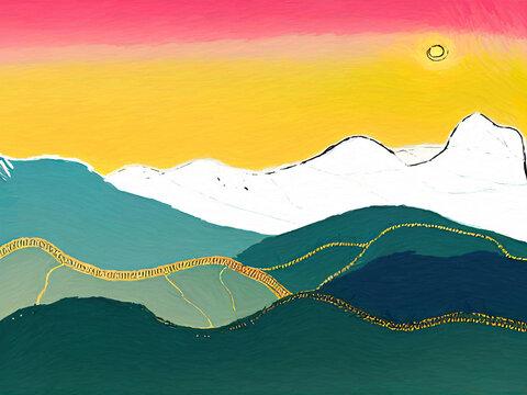 Digital drawing African desert and hills landscape painting. Cartoon style with watercolor and pencil strokes. Wall art print for canvas. Art for sale.