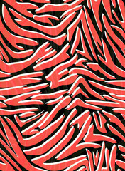 Full Seamless Zebra Tiger Worn Pattern Textile Texture. Distressed Vector Background. Red White Animal Skin for Women Dress Fabric Print.