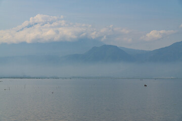 Fantastic panorama of lake with mountain and hill background. Rawa Pening lake with mountain and hill.