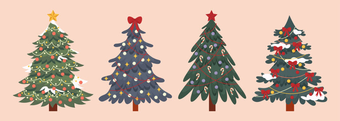 Naklejka na ściany i meble Set of decorated christmas fir trees, pine trees. Colorful retro xmas trees with garlands, light bulb, star. Winter Holiday Symbol for design, greeting card, invitation, banner, web. Flat vector.