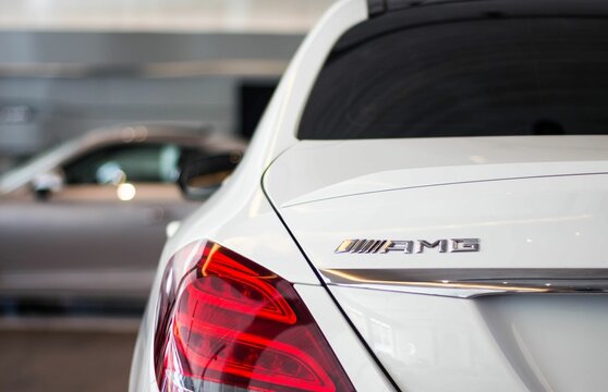 Closeup shot of details on a white Mercedes Benz AMG C43 car
