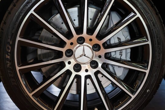 Closeup shot of details on a Mercedes Benz AMG C43 car rim