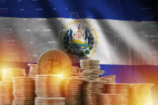 El Salvador flag and big amount of golden bitcoin coins and trading platform chart. Crypto currency concept