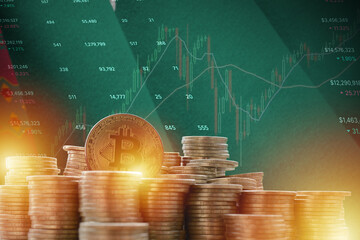 Turkmenistan flag and big amount of golden bitcoin coins and trading platform chart. Crypto...