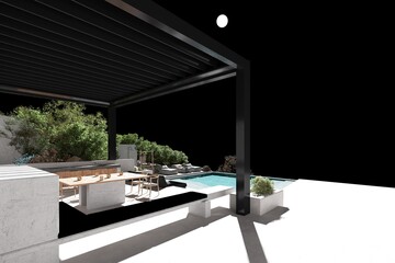 3d render poolside with pergola and kitchen counter